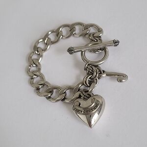 Vintage Juicy Couture Chunky Silver Tone J Heart Charm Toggle Chain Bracelet